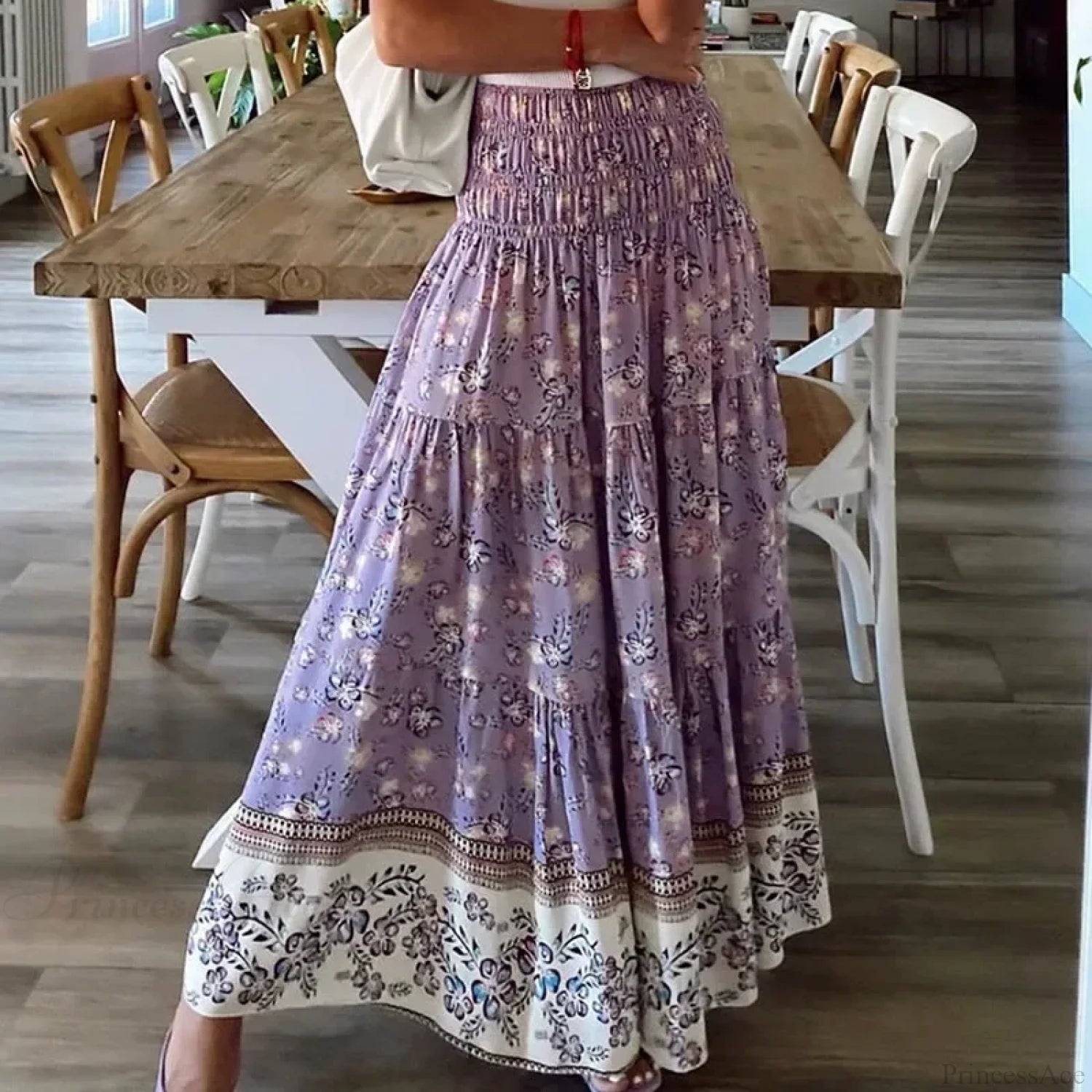 Summer New Women’s Printing Skirt Elastic High Waist Pleated Boho PURPLE / S skirt-250126