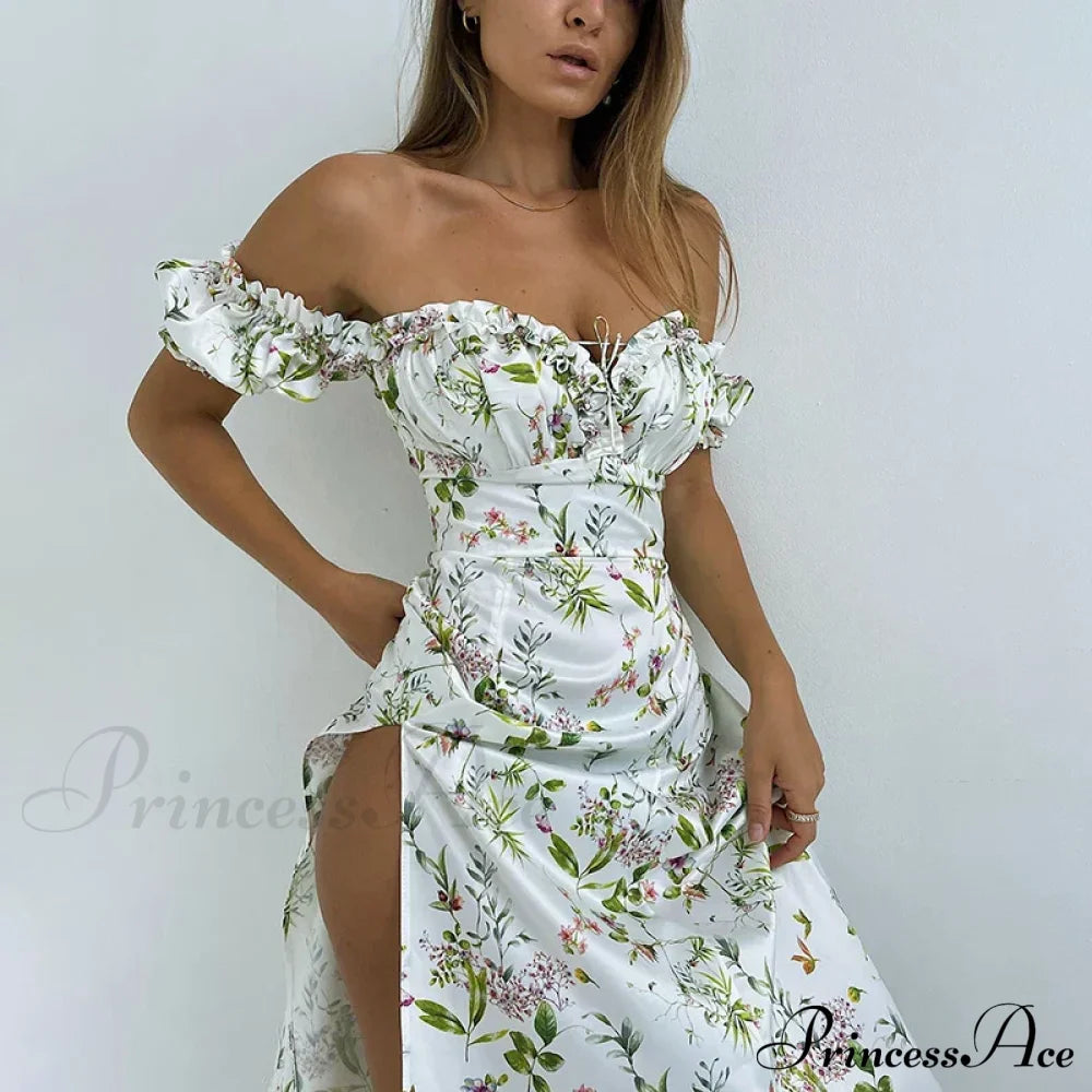 Summer Off Shoulder Puff Sleeve Lace Up Side Split Chic Aesthetic Floral Dress