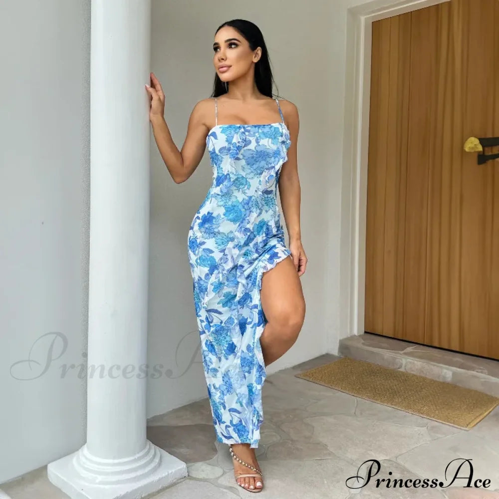 Summer Off-The-Shoulder Flanged Splicing Split Halter Sexy Costume Fashion Es 2024 Floral Dress