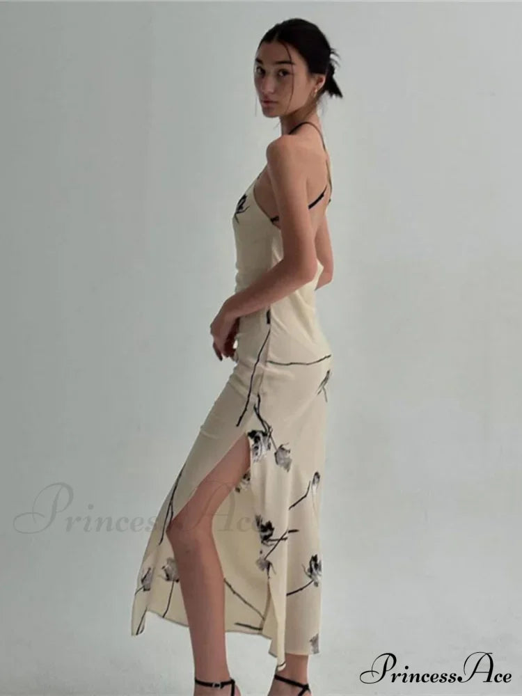 Summer Print Long Halter Backless Satin Split Es Women 2024 Hot Vestidos Floral Dress