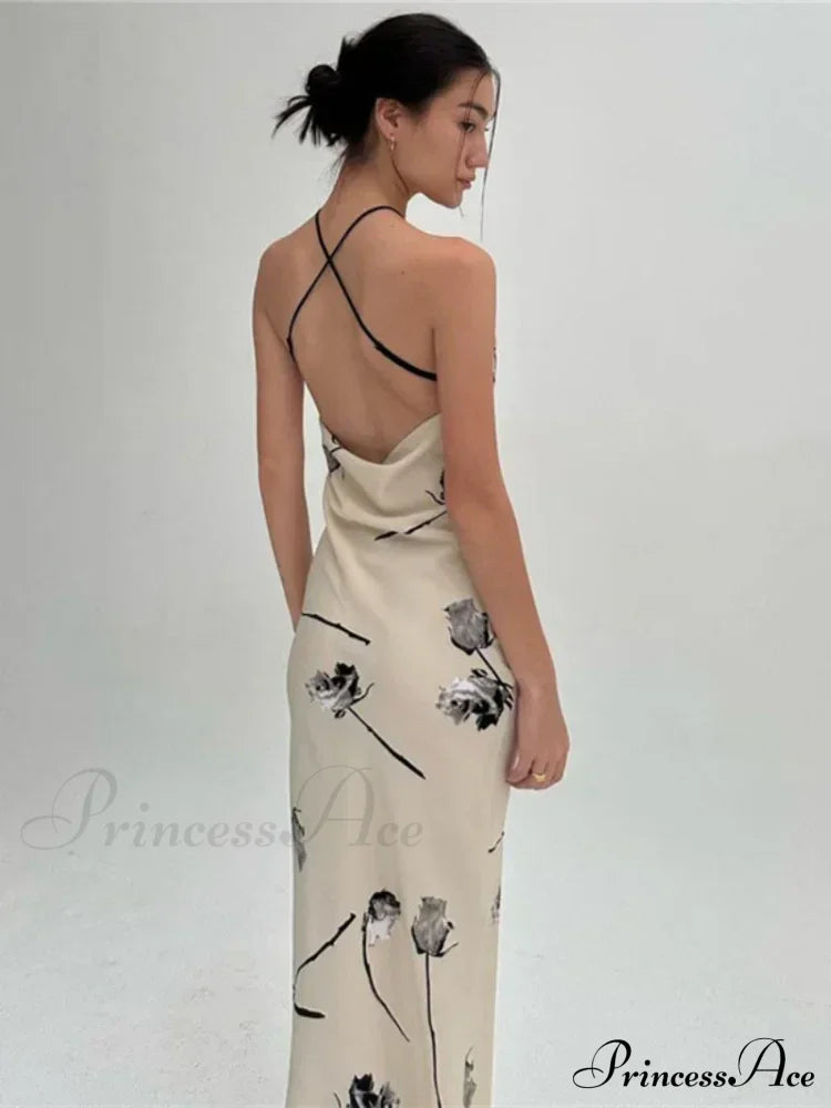 Summer Print Long Halter Backless Satin Split Es Women 2024 Hot Vestidos Floral Dress