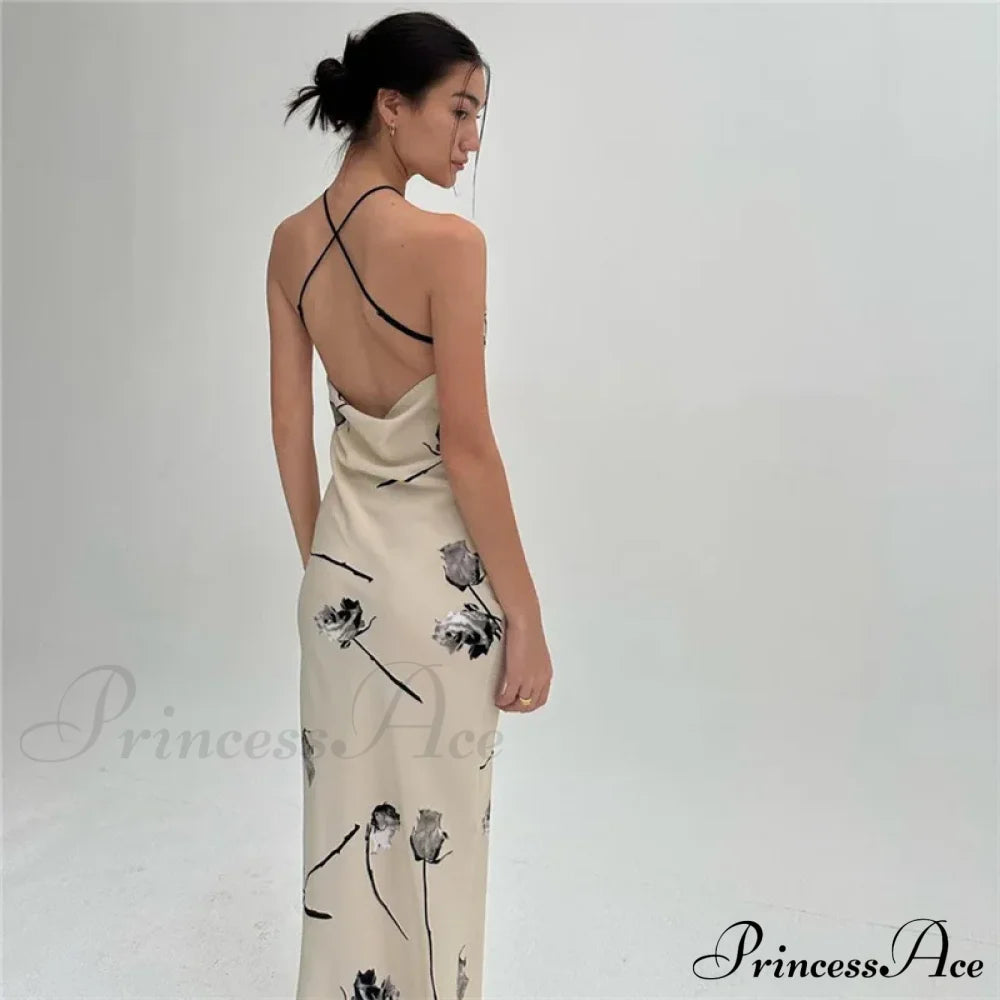 Summer Print Long Halter Backless Satin Split Es Women 2024 Hot Vestidos Floral Dress Beige / S