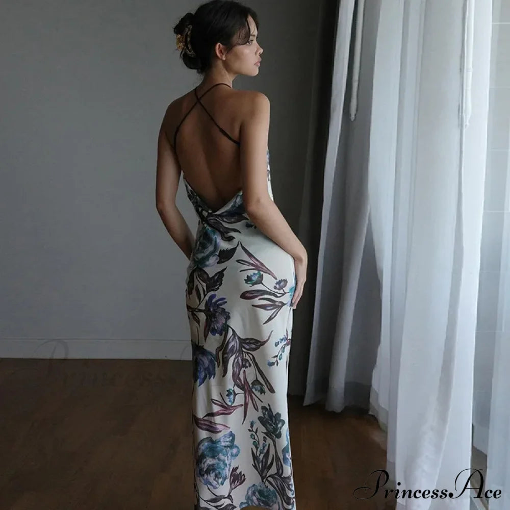 Summer Print Long Halter Backless Satin Split Es Women 2024 Hot Vestidos Floral Dress Blue / S