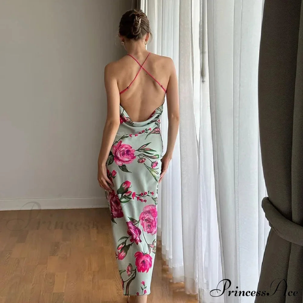 Summer Print Long Halter Backless Satin Split Es Women 2024 Hot Vestidos Floral Dress Rose Red / S