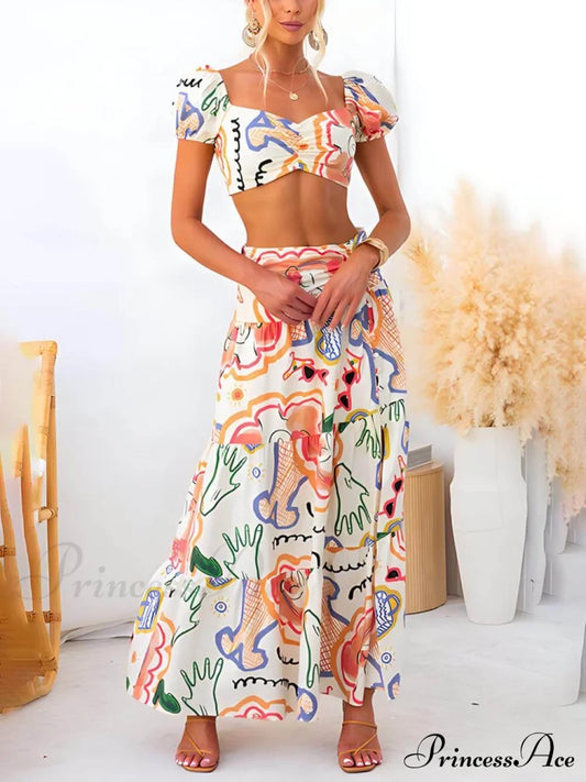 Summer Printed Top And Graceful Wrap Skirt Two-Piece Suit Two Piece Outfits