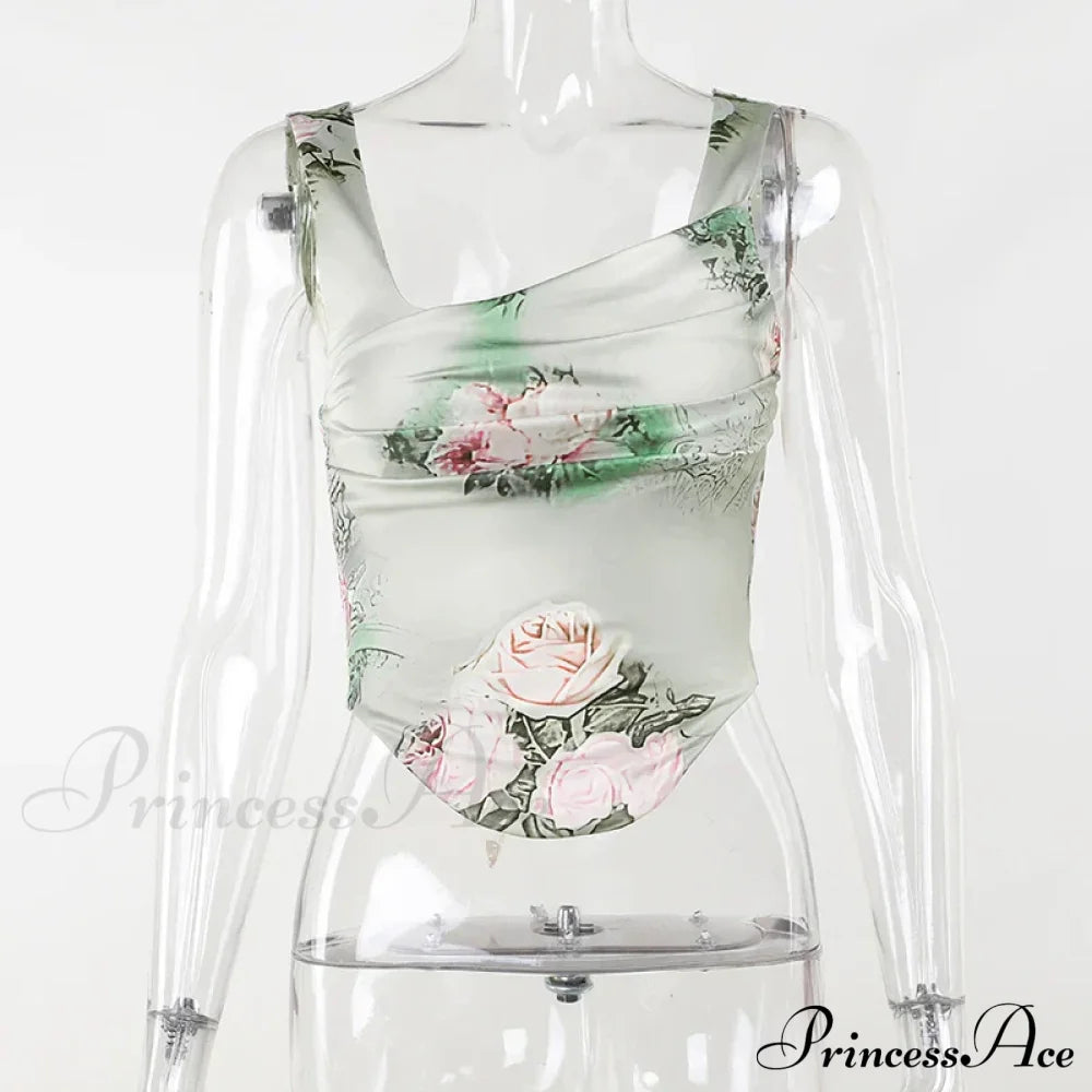 Summer Rose Printed Cultivate One’s Morality Fashion Suits Condole Belt Vest Tall Waist Sexy Open