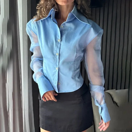 Summer See-Through Slim Blouse Blue / S blouse-250223