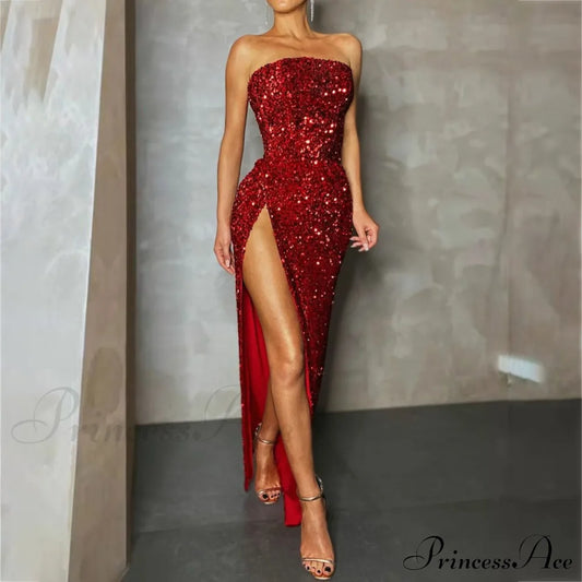 Summer Sequin Sexy High Slit Elegant Christmas Party Dress Red / M Dresses-L