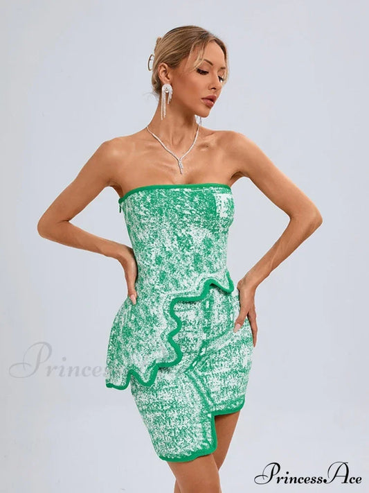 Summer Sexy Asymmetric Strapless Top Mini Skirts Two Piece Christmas Party Dress Green / Xs