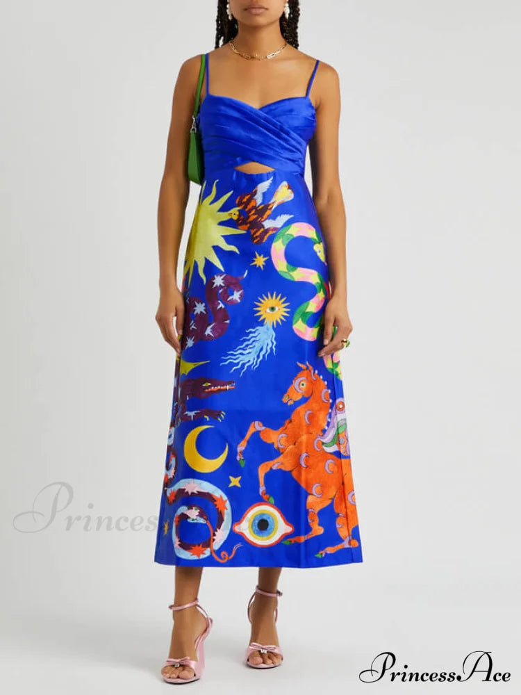 Summer Sexy Satin Backless Graceful Printed Sleeveless Midi Dress Blue / L Dresses