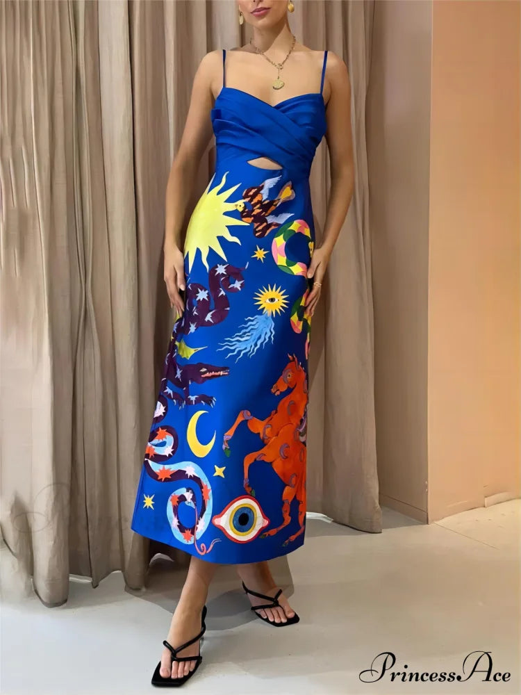 Summer Sexy Satin Backless Graceful Printed Sleeveless Midi Dress Blue / S Dresses