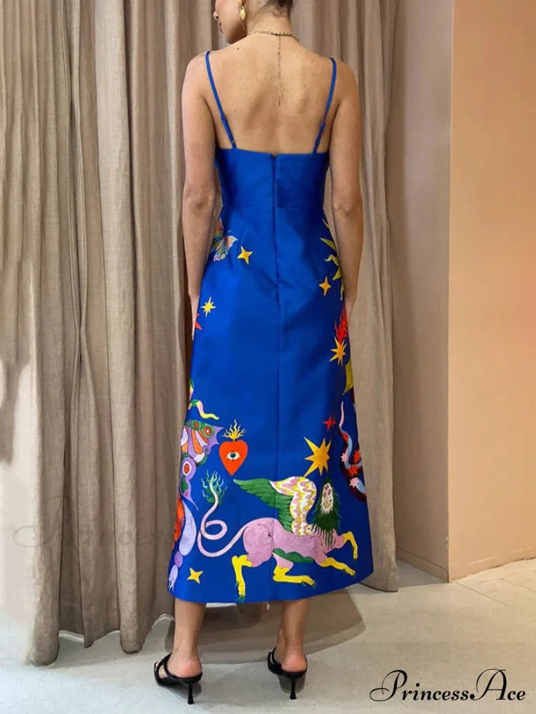 Summer Sexy Satin Backless Graceful Printed Sleeveless Midi Dress Blue / Xl Dresses