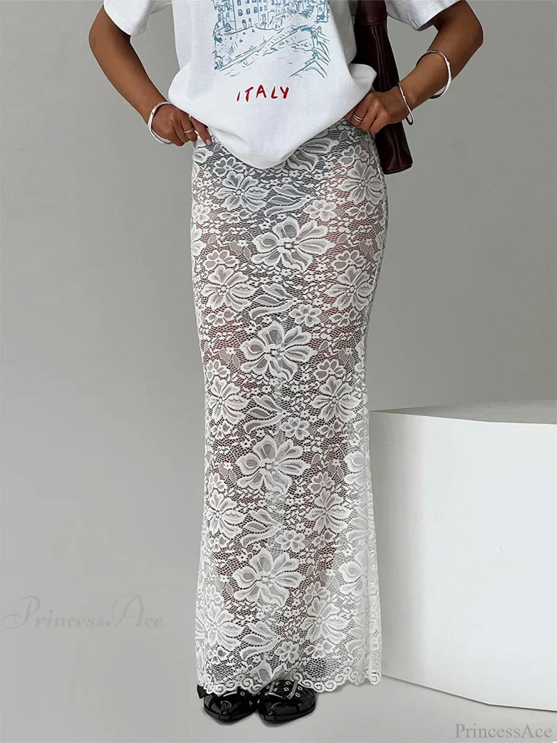 Summer Sexy Sheer Lace Floral Long Skirt Y2K Party WHITE / S skirt-250126