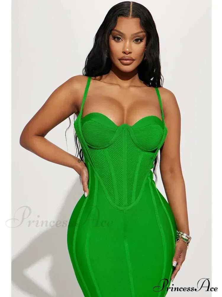 Summer Sexy Sleeveless Backless Green Midi Bodycon Bandage Elegant Christmas Party Dress Dresses-L