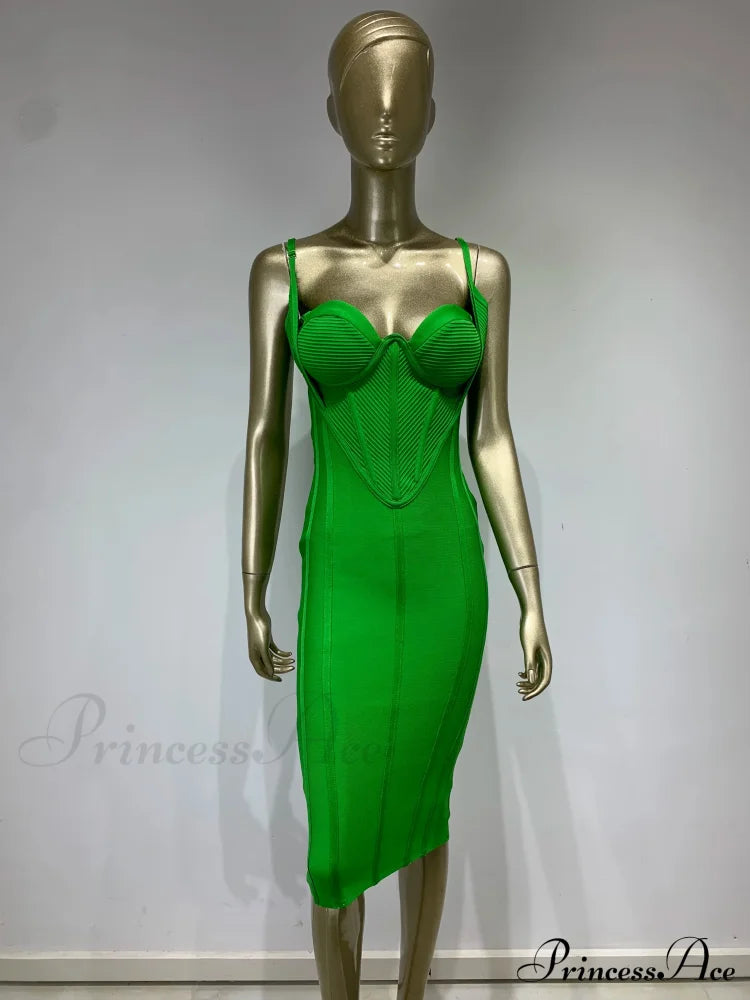 Summer Sexy Sleeveless Backless Green Midi Bodycon Bandage Elegant Christmas Party Dress Dresses-L