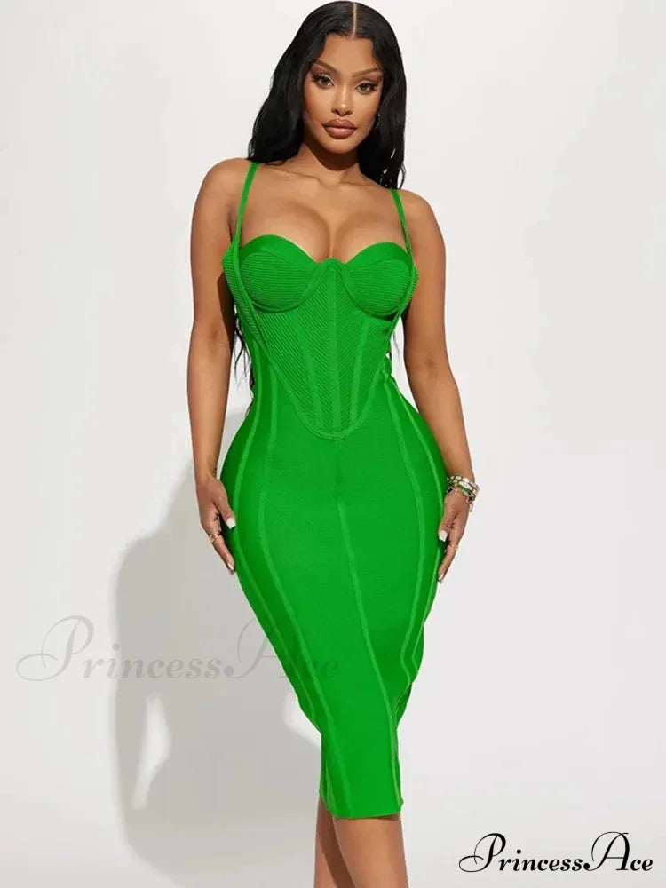 Summer Sexy Sleeveless Backless Green Midi Bodycon Bandage Elegant Christmas Party Dress / S