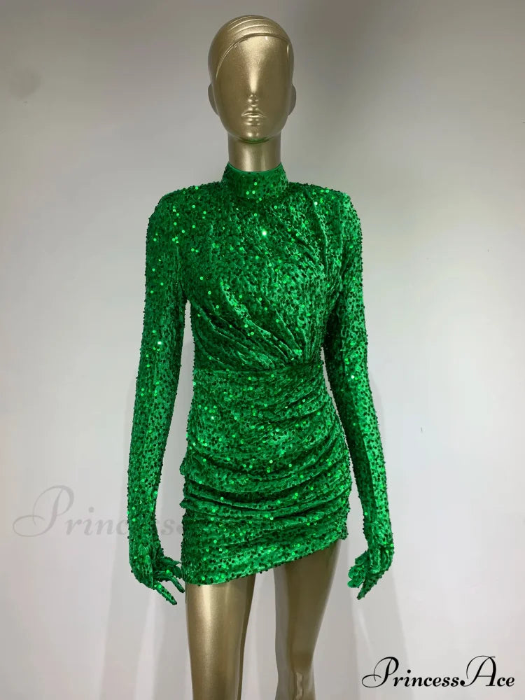 Summer Sexy Turtleneck Long Sleeve Velvet Green Mini Sequins Bodycon Christmas Party Dress Dresses-L