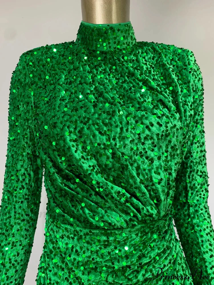 Summer Sexy Turtleneck Long Sleeve Velvet Green Mini Sequins Bodycon Christmas Party Dress Dresses-L