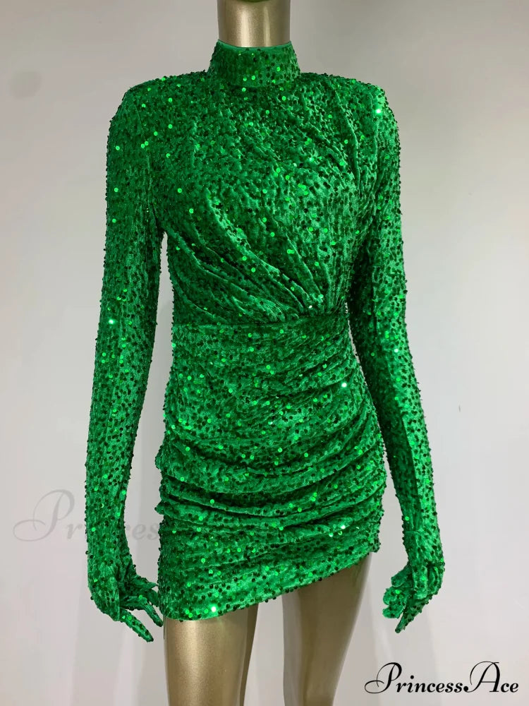 Summer Sexy Turtleneck Long Sleeve Velvet Green Mini Sequins Bodycon Christmas Party Dress Dresses-L