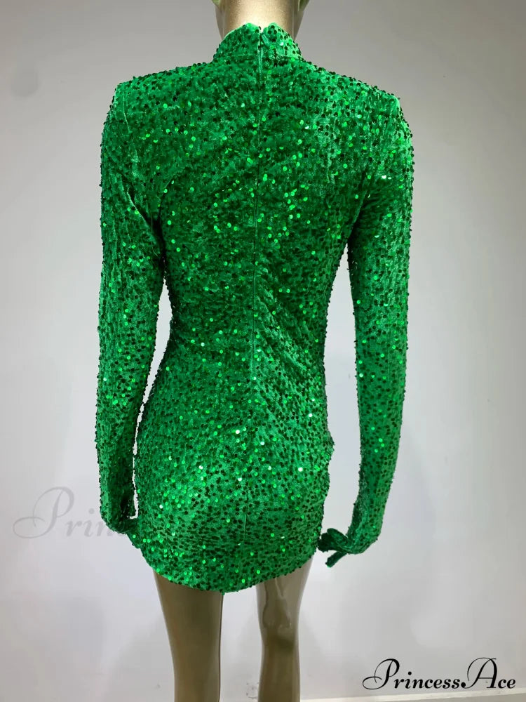 Summer Sexy Turtleneck Long Sleeve Velvet Green Mini Sequins Bodycon Christmas Party Dress Dresses-L