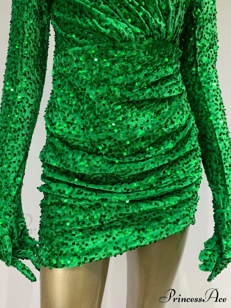 Summer Sexy Turtleneck Long Sleeve Velvet Green Mini Sequins Bodycon Christmas Party Dress Dresses-L