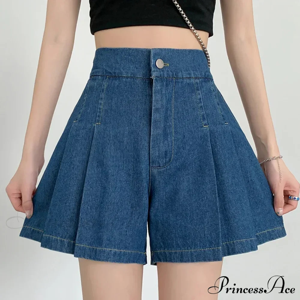 Summer Size Denim High Elastic Waist Pleated Mini Large Short