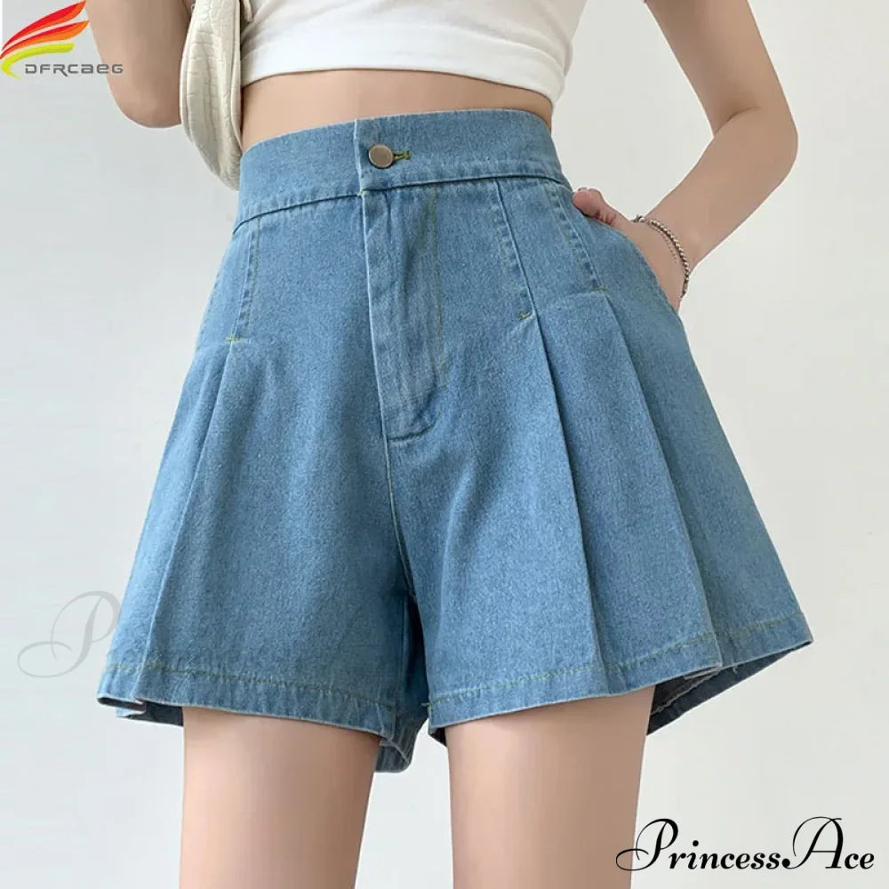 Summer Size Denim High Elastic Waist Pleated Mini Large Short