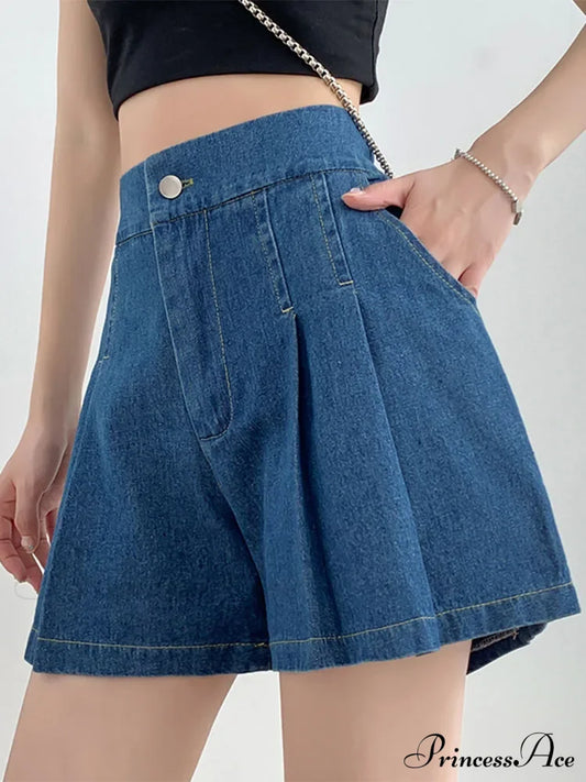 Summer Size Denim High Elastic Waist Pleated Mini Large Short Blue / L