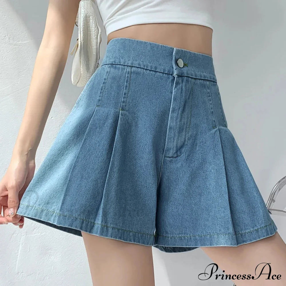 Summer Size Denim High Elastic Waist Pleated Mini Large Short Sky Blue / L