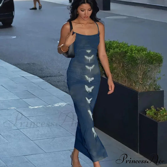 Summer Sleeveless Fashion Print Backless Slim Strap Long Elegant Club Party Bodycon Dress Blue / S