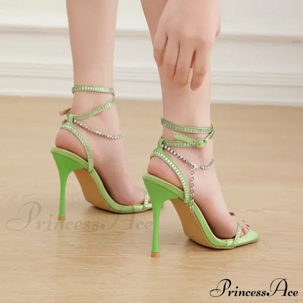 Summer Stiletto Sandals Square Toe Crystal Chain Anklebuckle Strap Thin High Heel Club Party Wedding