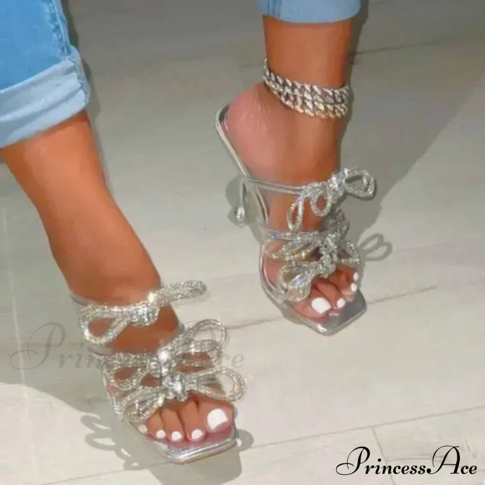 Summer Stiletto Sandals Square Toe Crystal Chain Anklebuckle Strap Thin High Heel Club Party Wedding