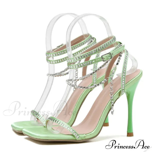 Summer Stiletto Sandals Square Toe Crystal Chain Anklebuckle Strap Thin High Heel Club Party