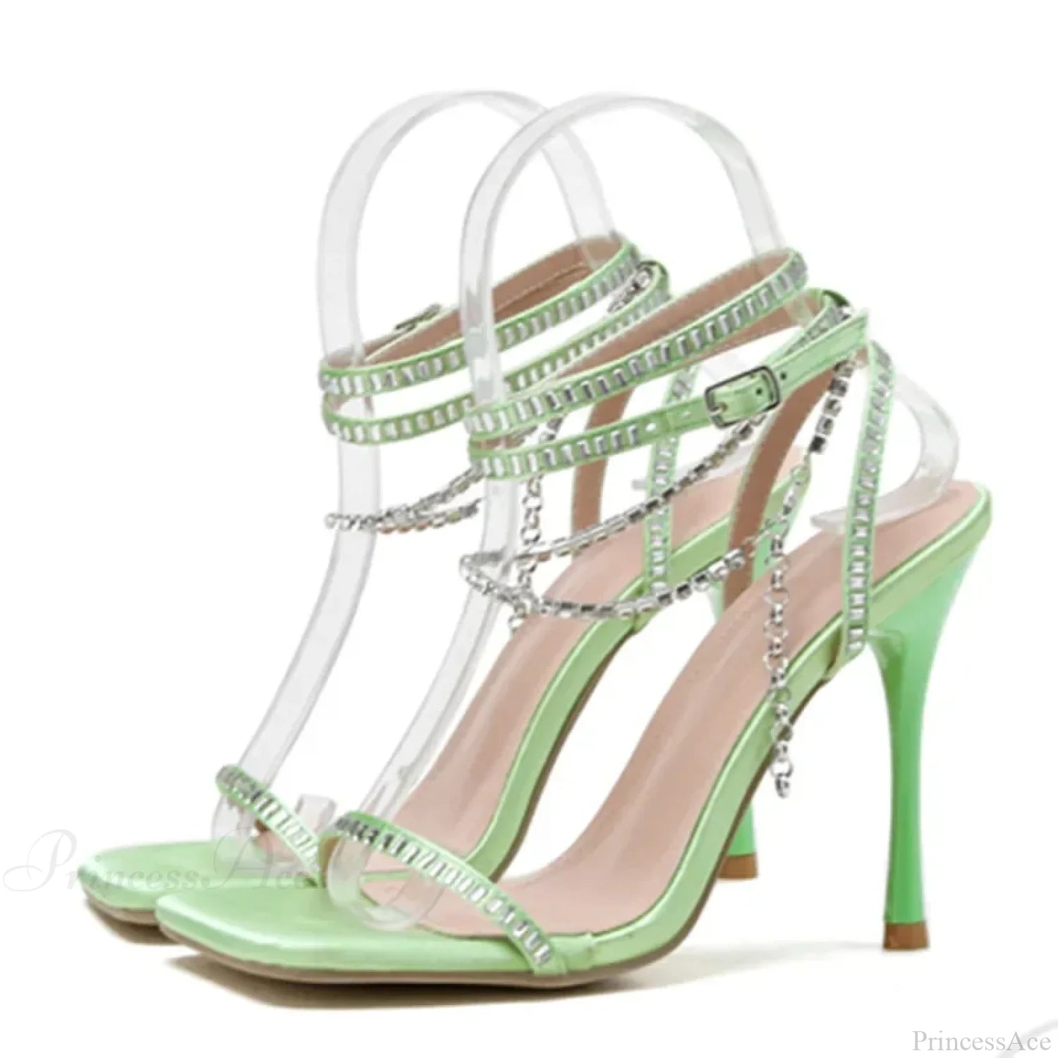 Summer Stiletto Sandals Square Toe Crystal Chain Anklebuckle Strap Thin High Heel Club Party