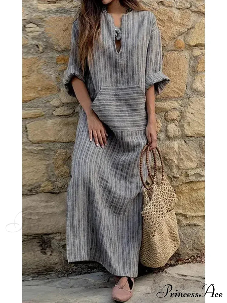 Summer Striped Cotton Linen Oversize Long Boho Dress