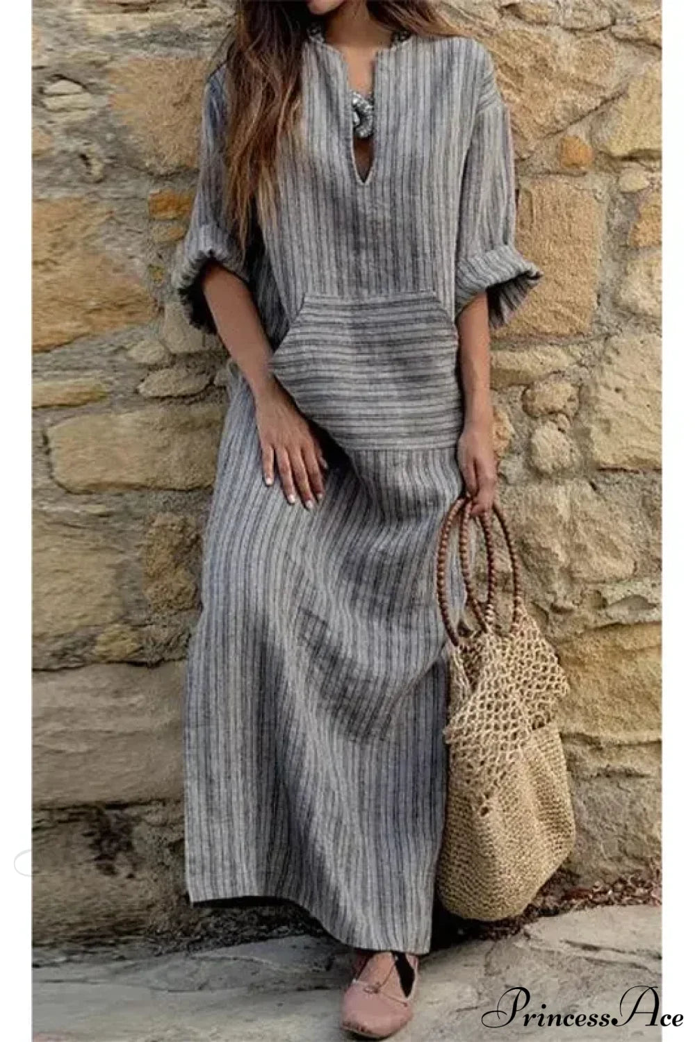 Summer Striped Cotton Linen Oversize Long Boho Dress Gray / L