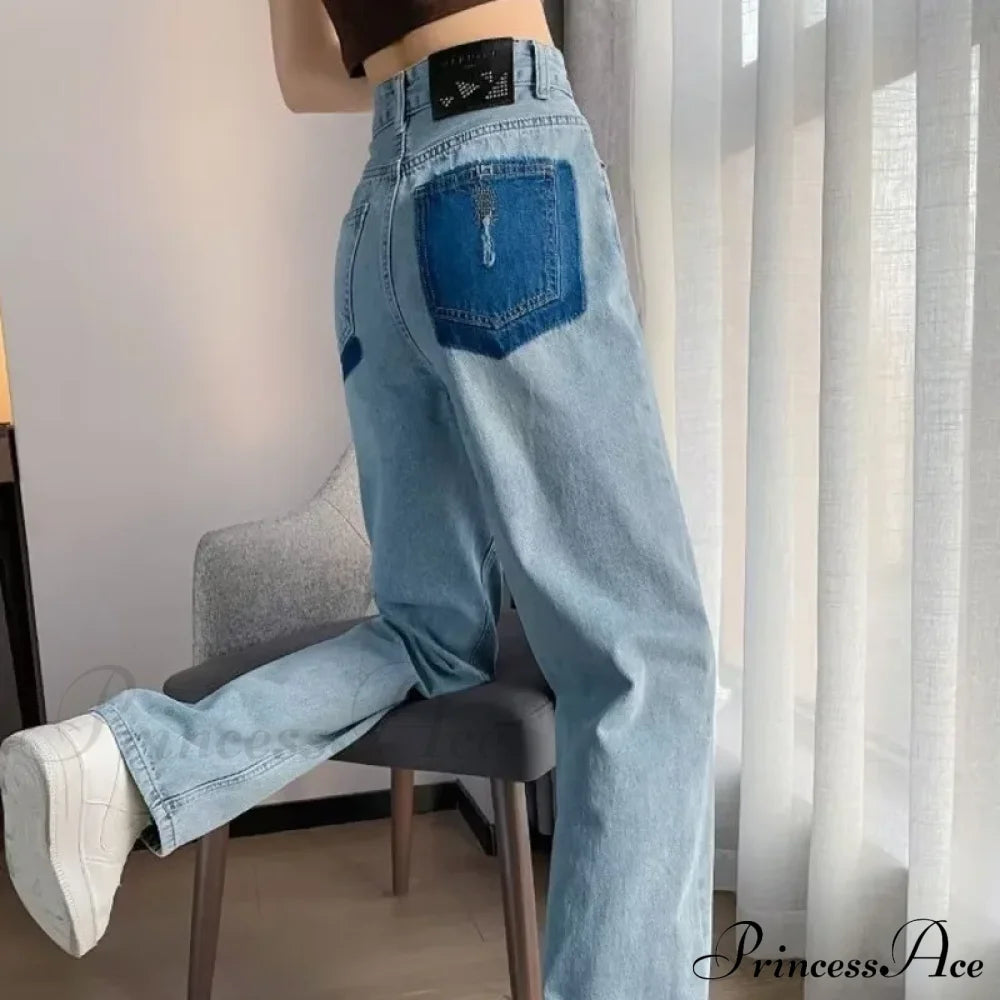 Summer Thin Vintage Blue High Waist Slim Pear Shaped Contrast Straight Leg Wide Jean Light / Xs