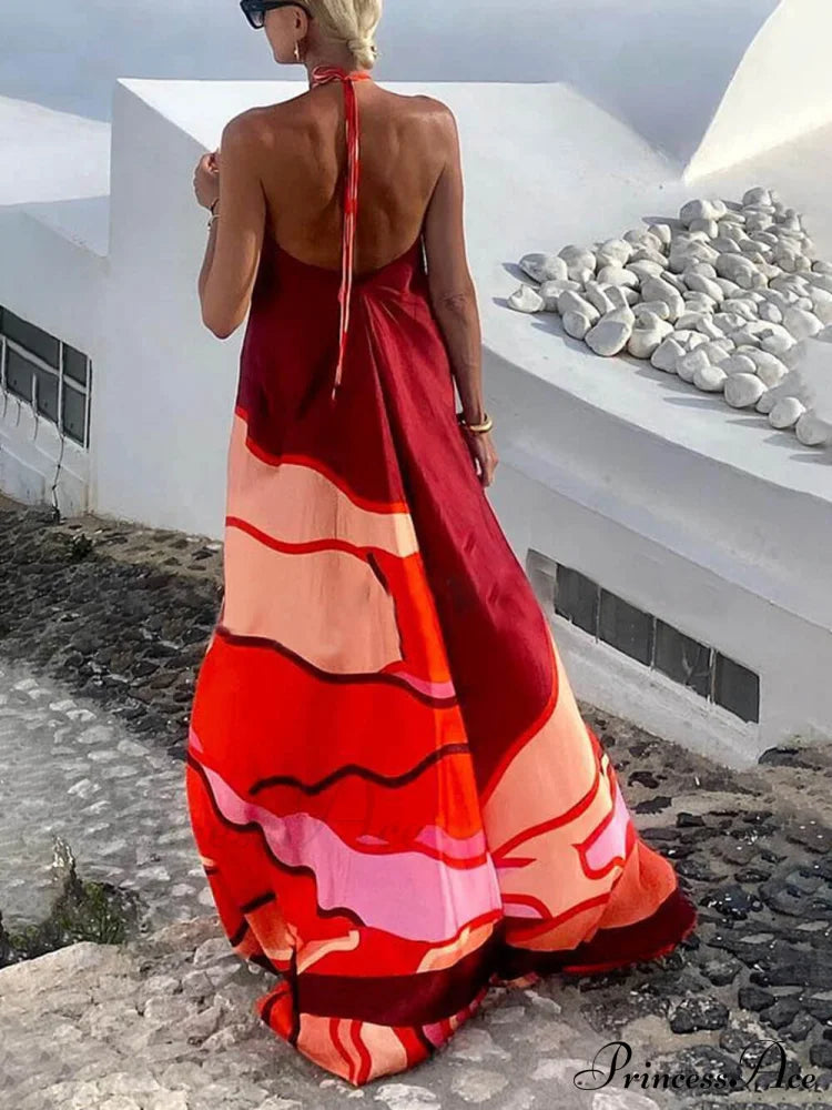 Summer Vacation Style Halter Neck Trendy Printed Backless A-Line Maxi Dress Dresses