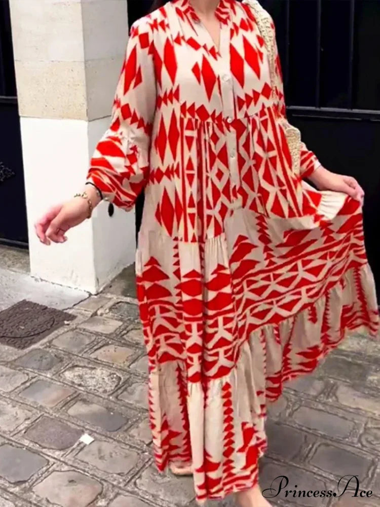 Summer Vintage Elegant Long Sleeve Boho Dress Red / S