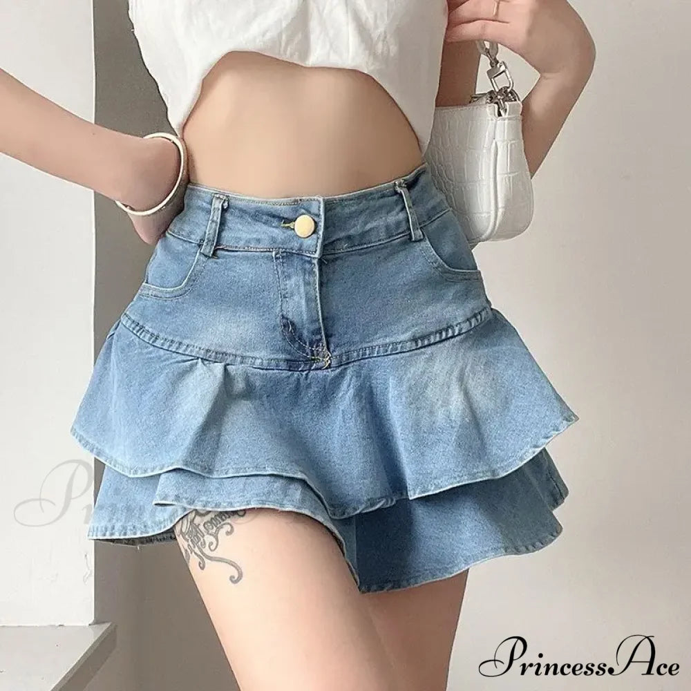 Summer Waist Slim Cute Sexy Mini Ruffle Skirt Blue / S