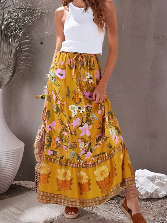 Summer Yellow Floral Print Tassel Beach Bohemian Pleated Rayon Boho Skirt Yellow / S skirt-250126