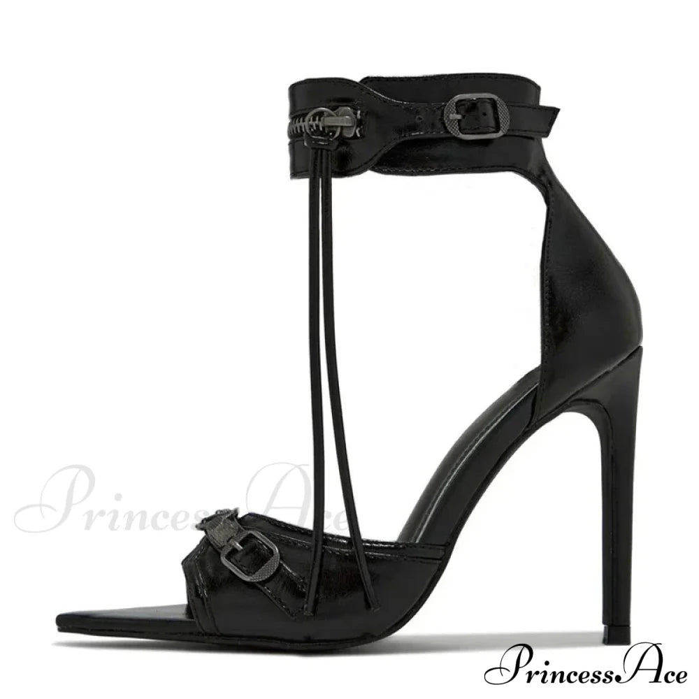 Summer Zip-Tassel Metal-Rivet Buckle Pointed Open-Toe Stripper Heels Wedding Banquet Stiletto High