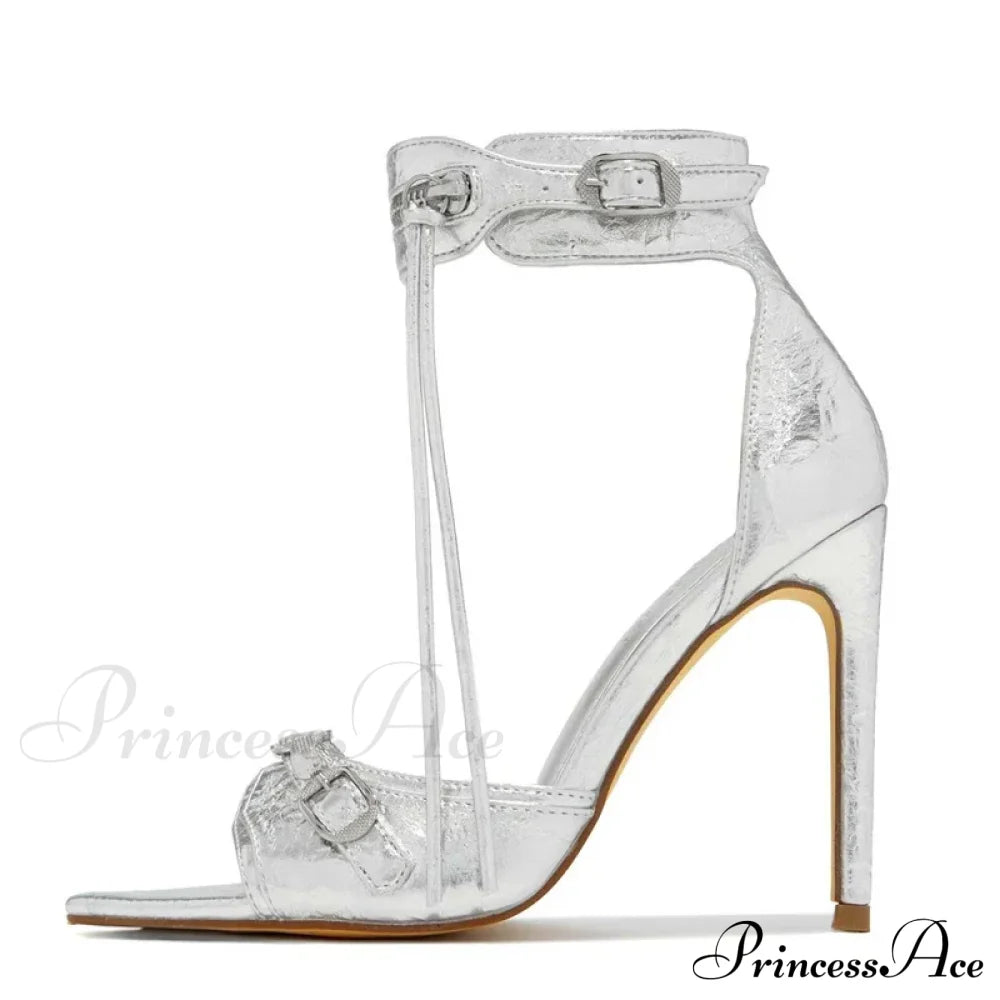 Summer Zip-Tassel Metal-Rivet Buckle Pointed Open-Toe Stripper Heels Wedding Banquet Stiletto High