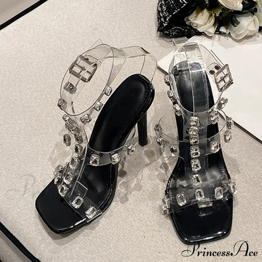 Summerfashion Crystal Diamond Rivet Pvc Transparent Sandals Square-Toe Stripper High-Heels Wedding