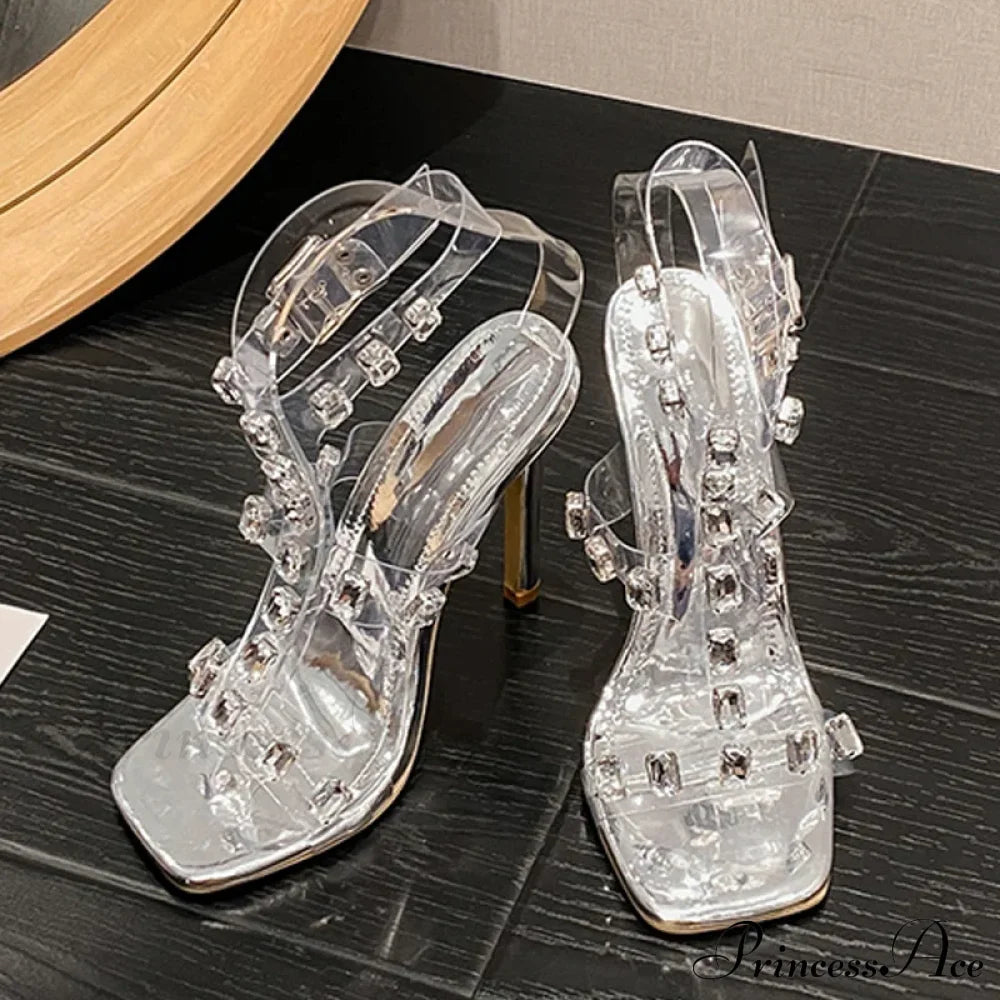 Summerfashion Crystal Diamond Rivet Pvc Transparent Sandals Square-Toe Stripper High-Heels Wedding