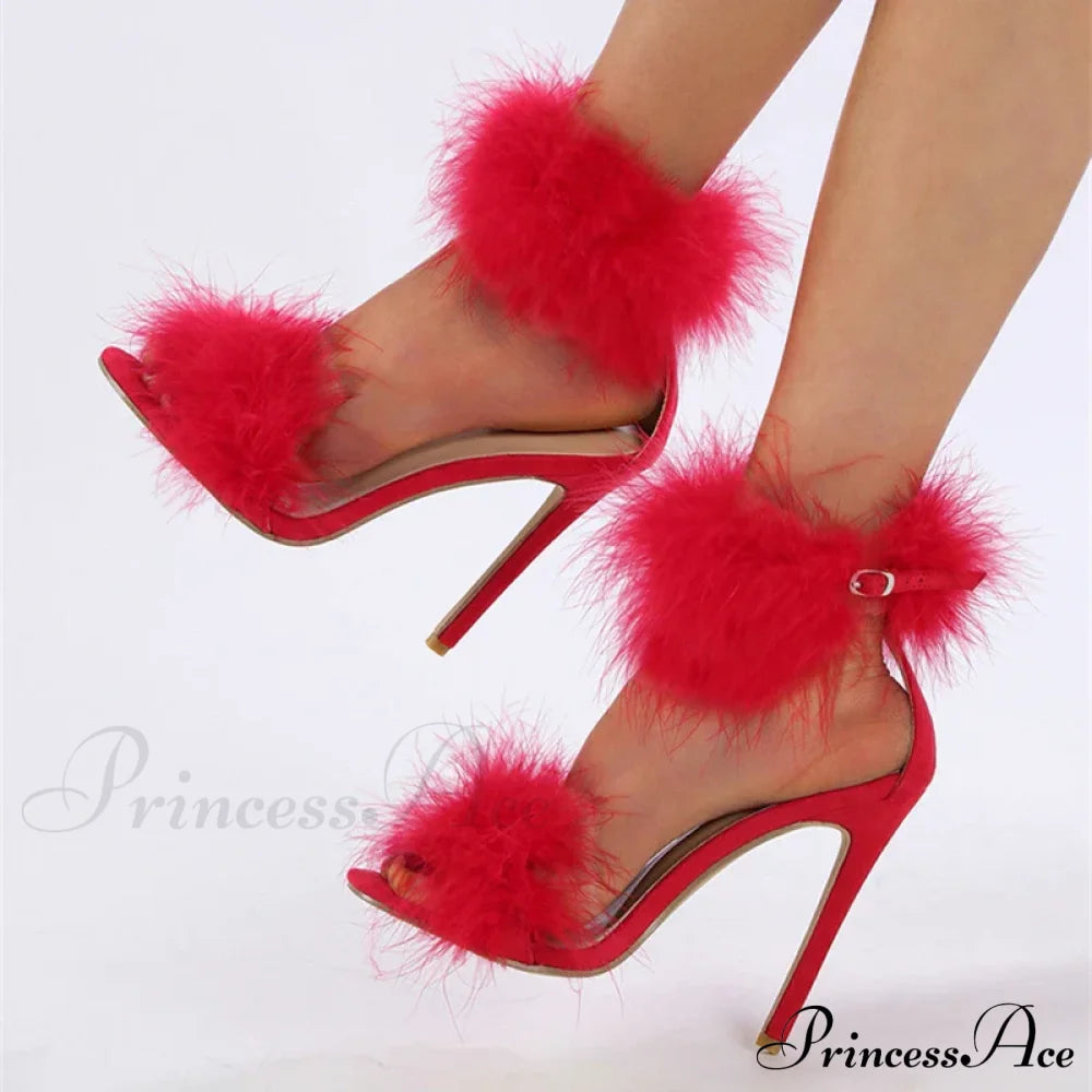 Summerfashion Faux-Fur Ankle-Strap Sandals Open-Toe Fluffy-Feather High-Heels Party Dress Women