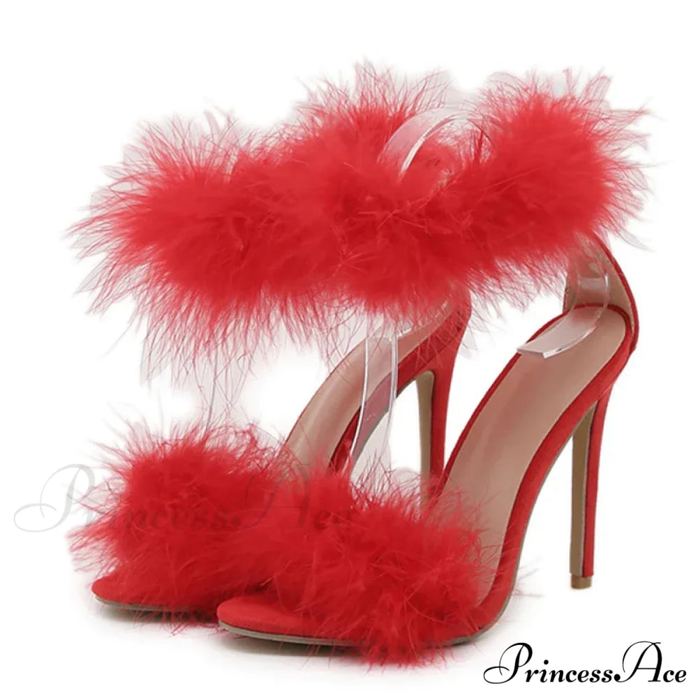 Summerfashion Faux-Fur Ankle-Strap Sandals Open-Toe Fluffy-Feather High-Heels Party Dress Women