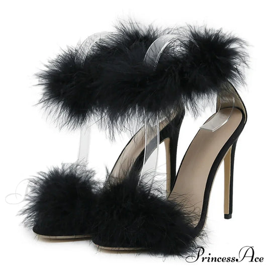 Summerfashion Faux-Fur Ankle-Strap Sandals Open-Toe Fluffy-Feather High-Heels Party Dress Women