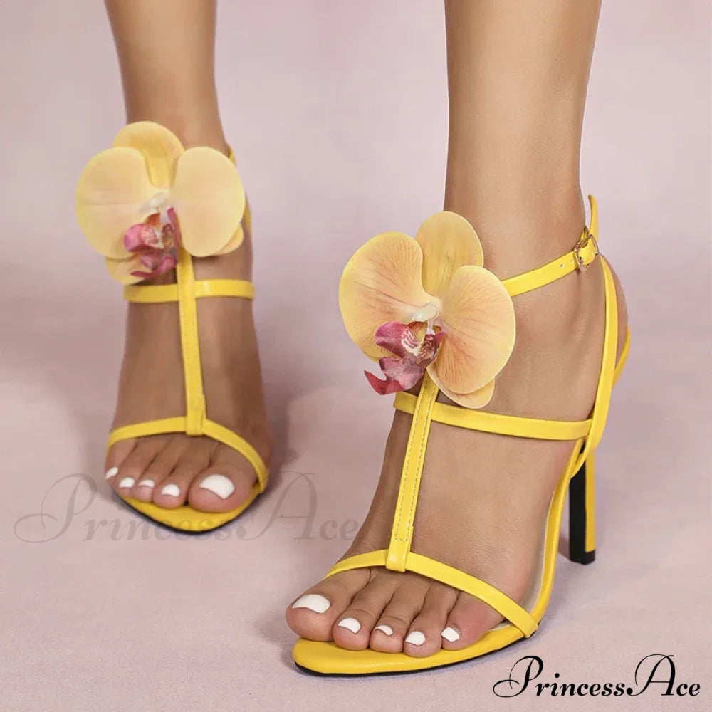 Summerfashion Flowers Ankle-Strap Gladiator Sandals Cozy Open-Toe Yellow High-Heels Party Dress