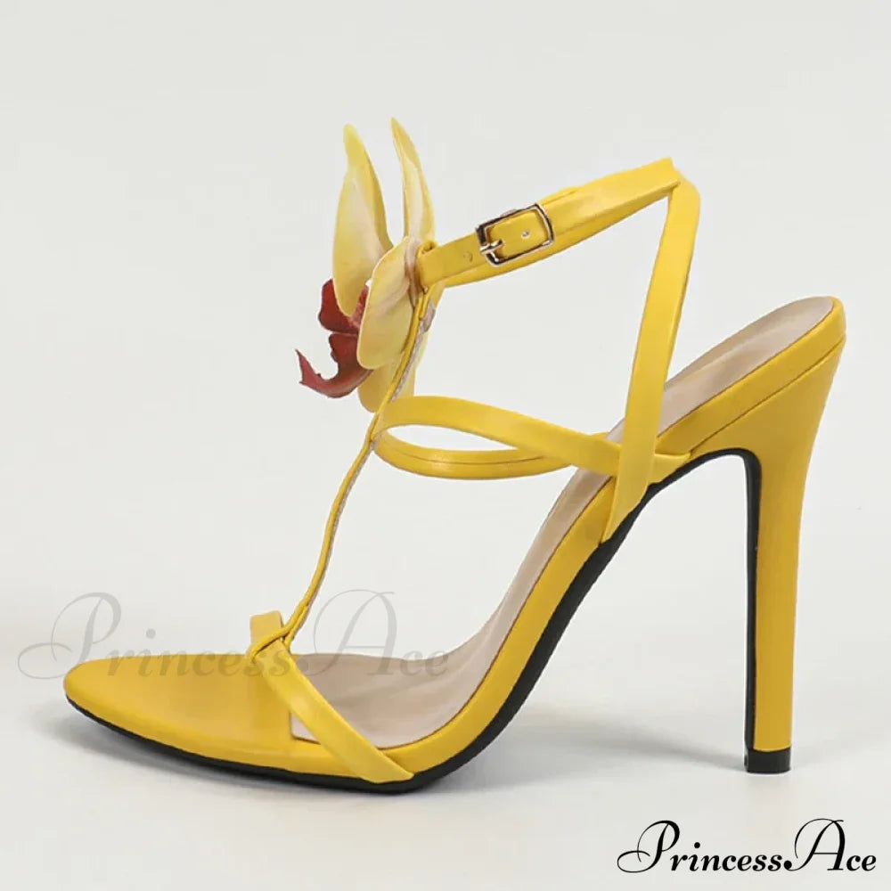 Summerfashion Flowers Ankle-Strap Gladiator Sandals Cozy Open-Toe Yellow High-Heels Party Dress